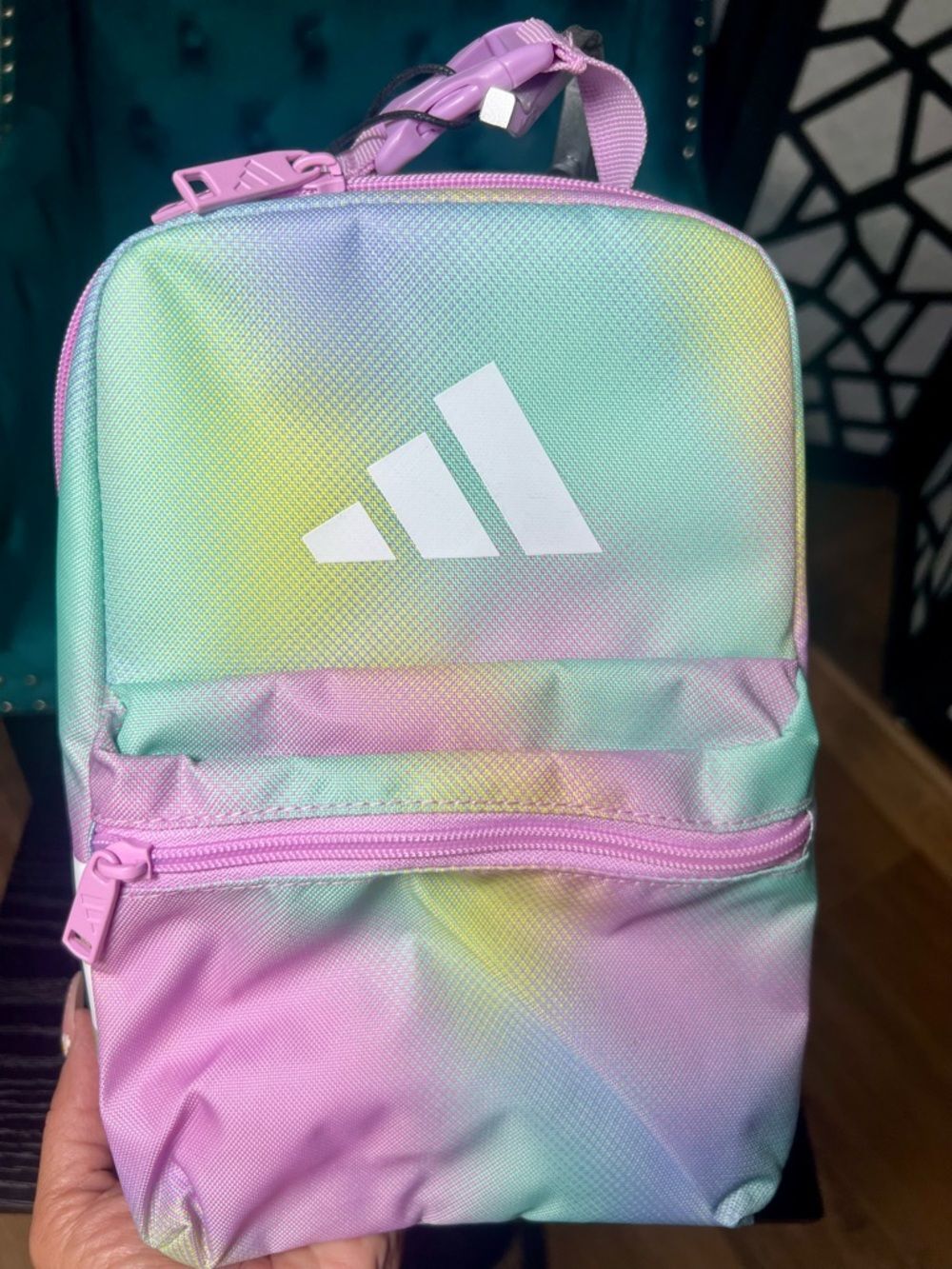 Adidas Santiago Insulated Lunch Bag in a pastel gradient halftone pattern. NWT